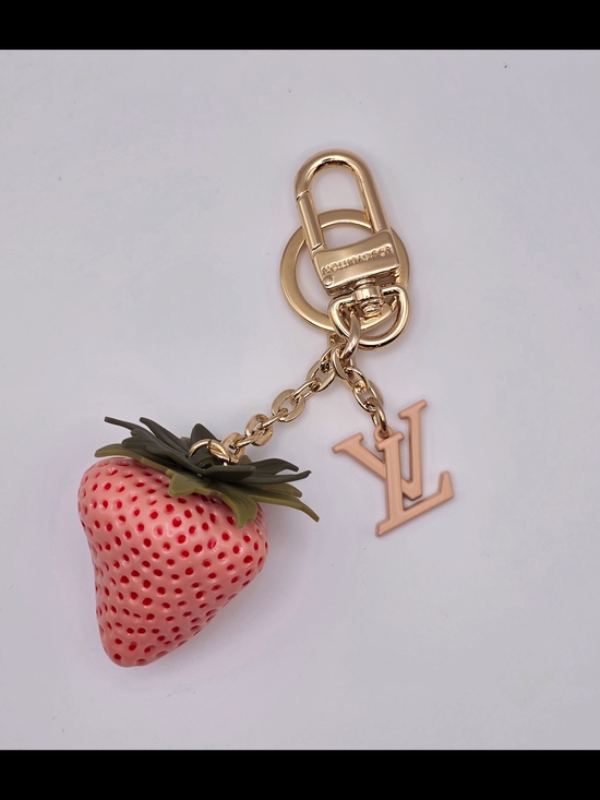 Upcycled Accessories - Pink Strawberry Key Charm with Gold Logo